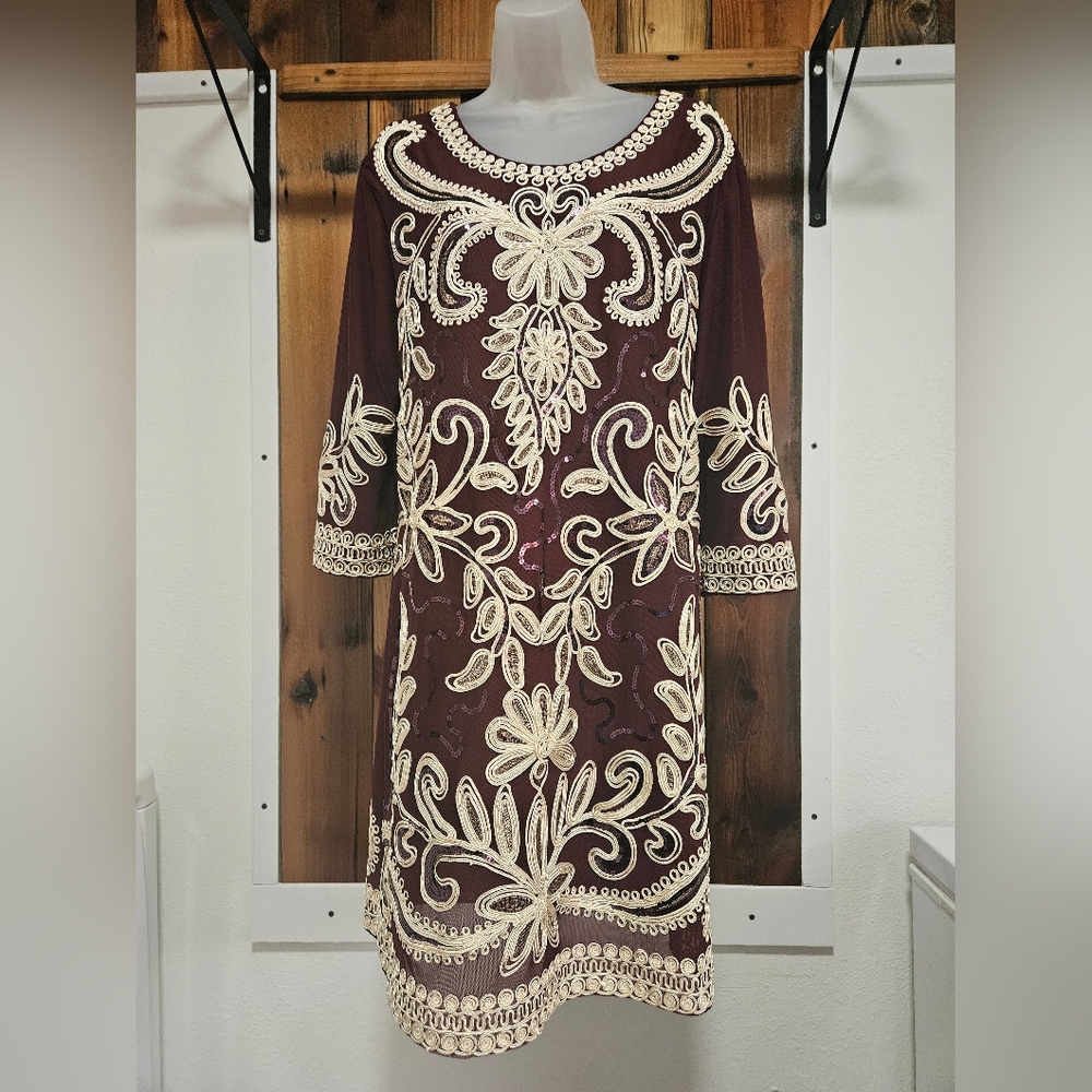 Na Nuri Burgundy and Cream Floral Embroidered Dress